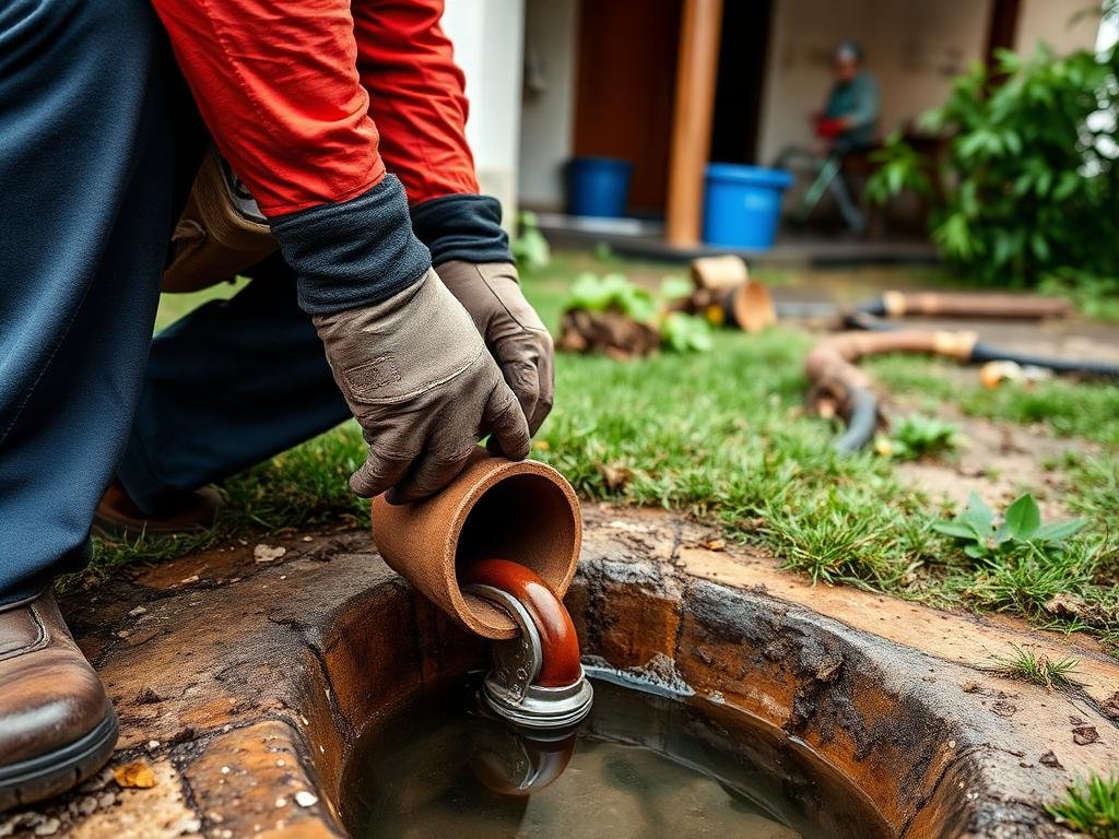 Equipe profissional realizando desentupimento de esgoto